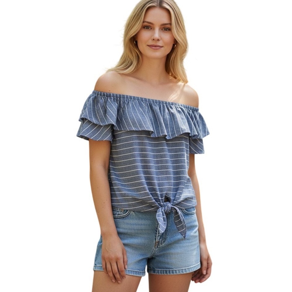 Fantastic Fawn‎ Off Shoulder Top L Blue White Striped Ruffle Tie Front Blouse